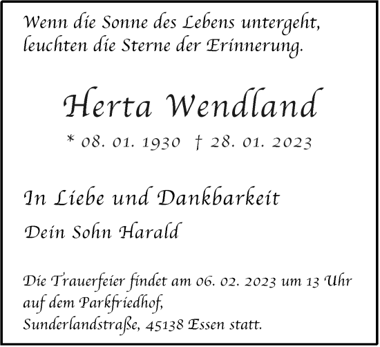 Traueranzeige von Herta Wendland von Tageszeitung