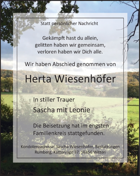 Traueranzeige von Herta Wiesenhöfer von WVW Anzeigenblätter