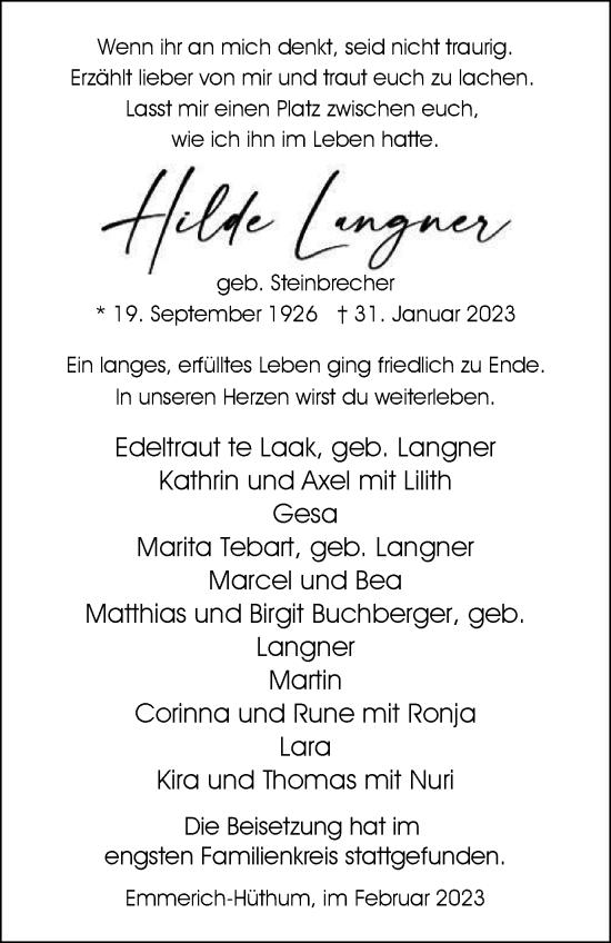 Traueranzeige von Hilde Langner von WVW Anzeigenblätter