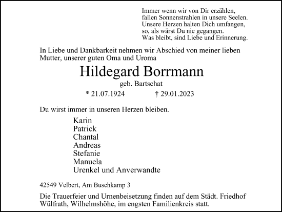 Traueranzeige von Hildegard Borrmann von WVW Anzeigenblätter