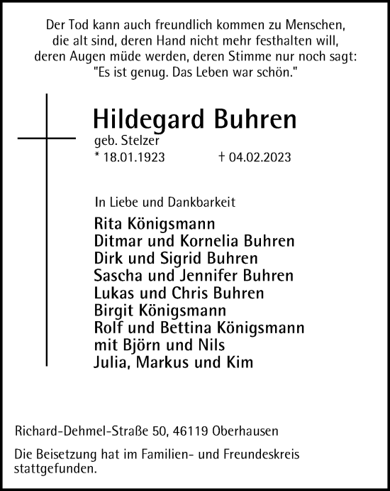 Traueranzeige von Hildegard Buhren von WVW Anzeigenblätter