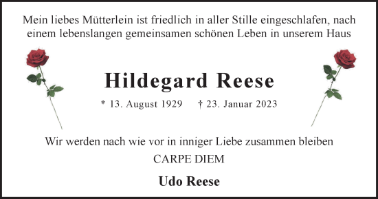 Traueranzeige von Hildegard Reese von Tageszeitung