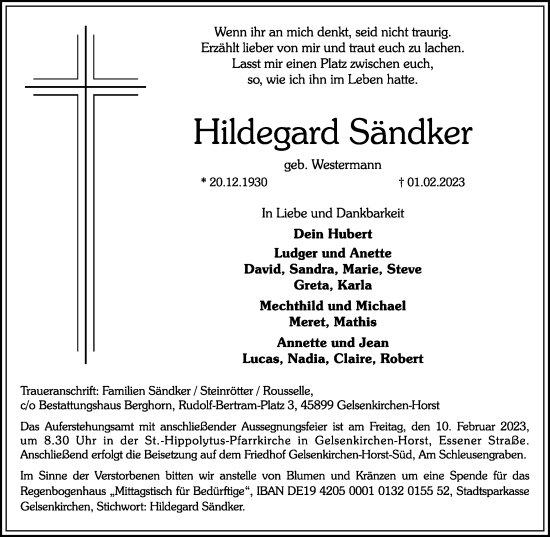 Traueranzeige von Hildegard Sändker von Tageszeitung