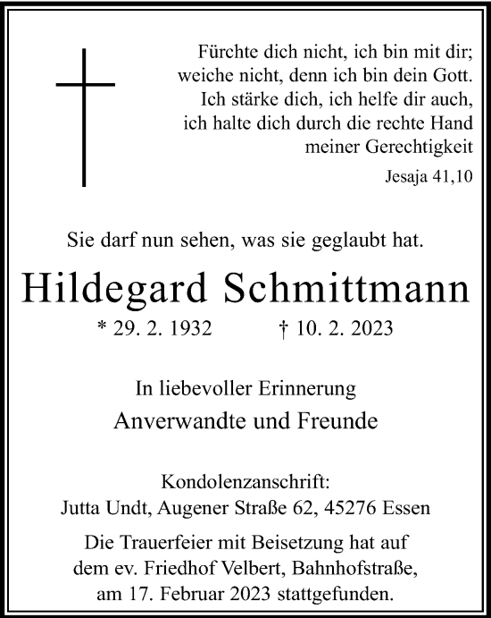 Traueranzeige von Hildegard Schmittmann von WVW Anzeigenblätter