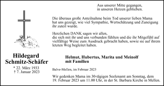 Traueranzeige von Hildegard Schmitz-Schäfer von Tageszeitung