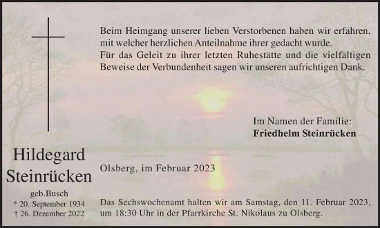 Traueranzeige von Hildegard Steinrücken von Tageszeitung