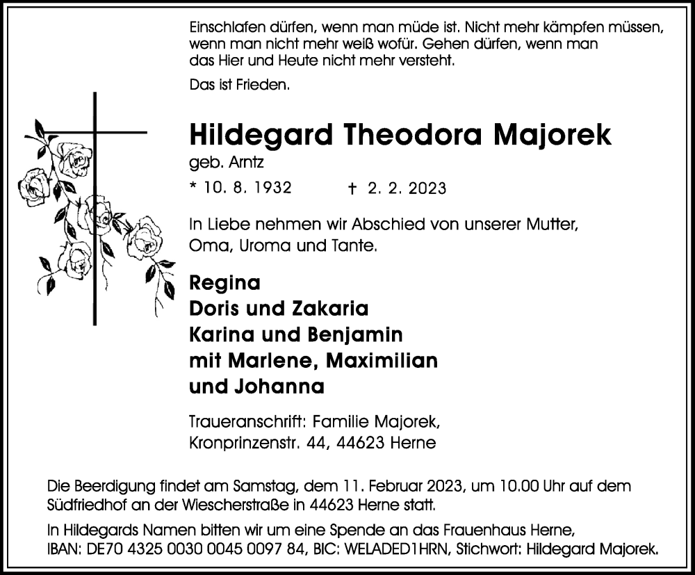  Traueranzeige für Hildegard Theodora Majorek vom 04.02.2023 aus Tageszeitung