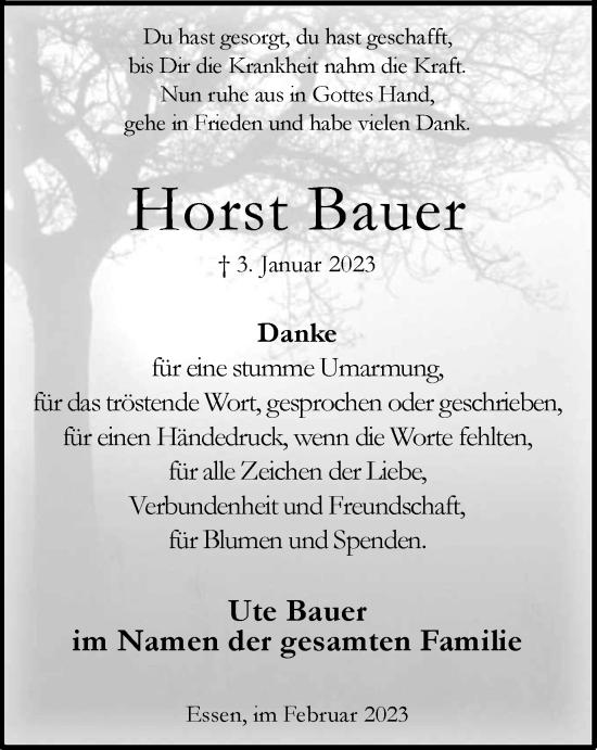 Traueranzeige von Horst Bauer von Tageszeitung