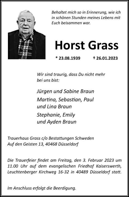 Traueranzeige von Horst Grass von Tageszeitung