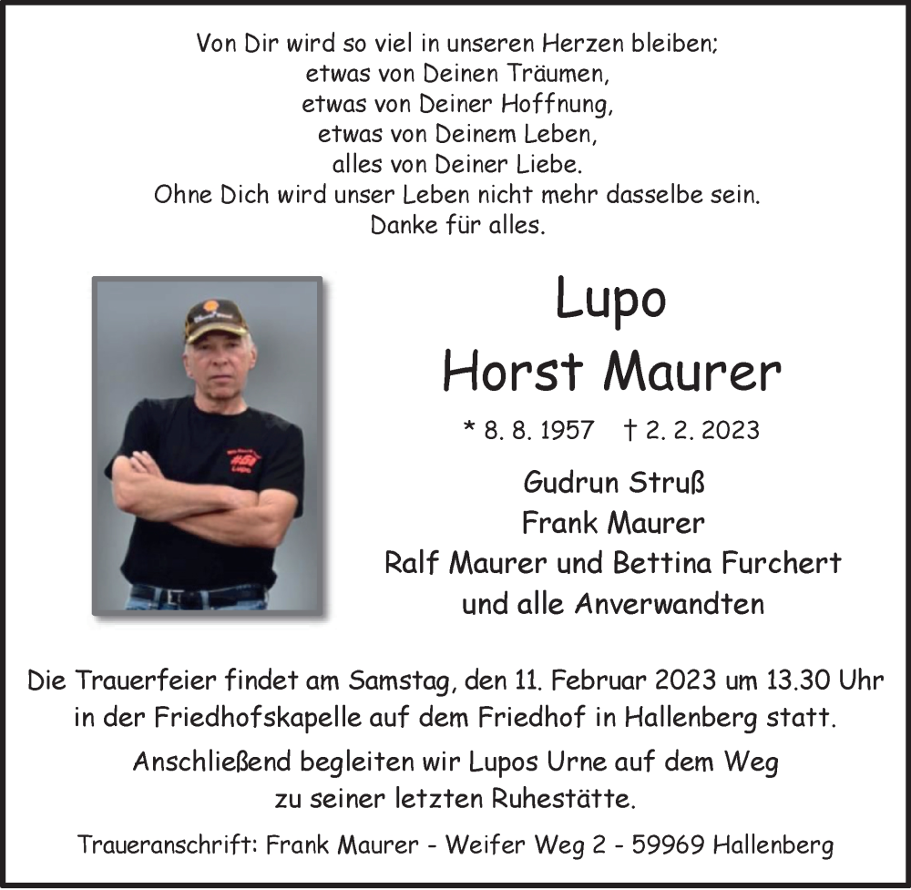  Traueranzeige für Horst Maurer vom 09.02.2023 aus Tageszeitung
