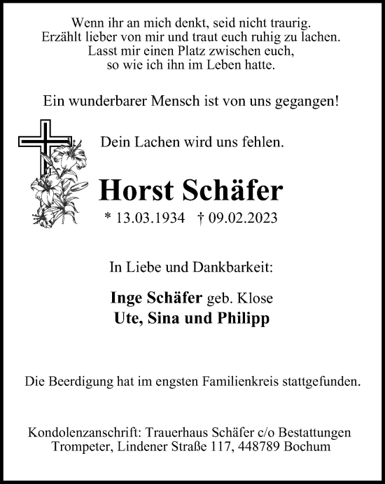 Traueranzeige von Horst Schäfer von WVW Anzeigenblätter