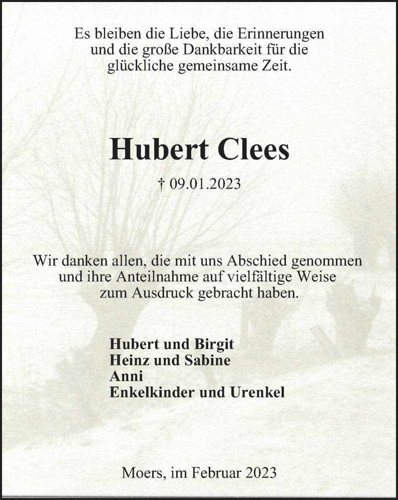  Traueranzeige für Hubert Clees vom 25.02.2023 aus Tageszeitung