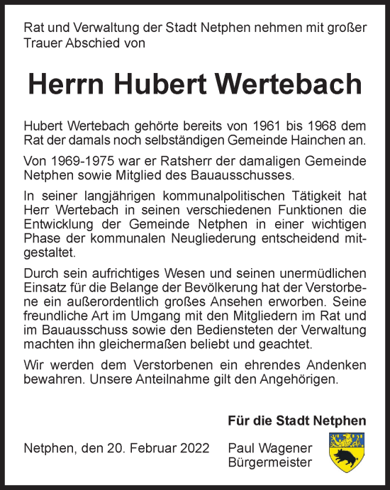 Traueranzeige von Hubert Wertebach von Tageszeitung