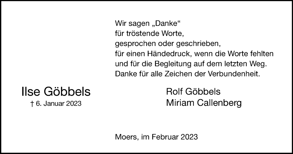  Traueranzeige für Ilse Göbbels vom 03.02.2023 aus Tageszeitung
