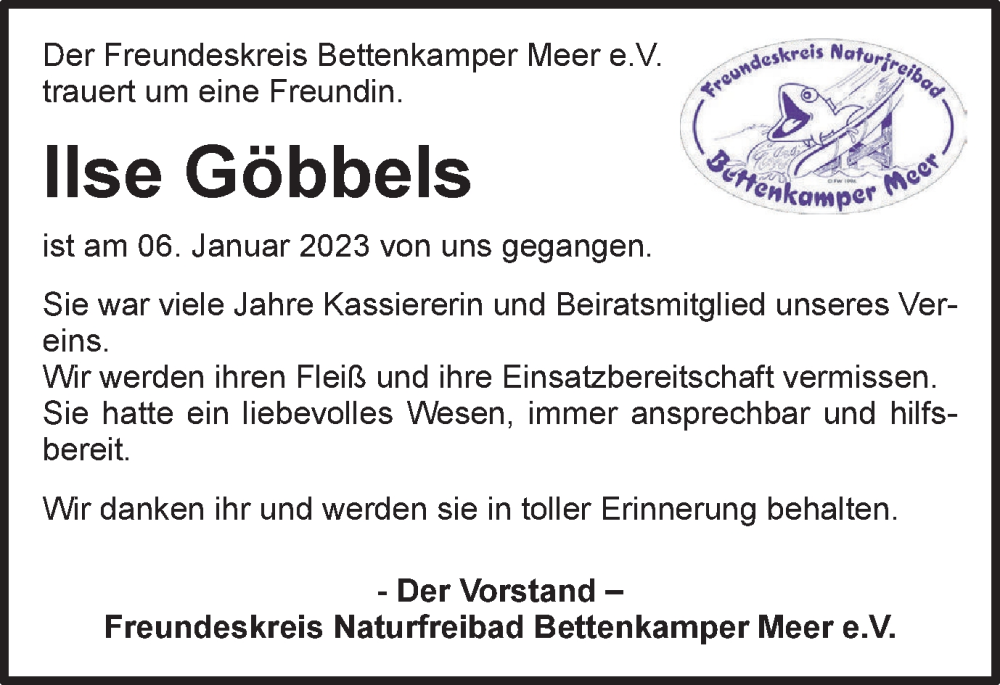  Traueranzeige für Ilse Göbbels vom 11.02.2023 aus Tageszeitung
