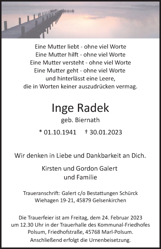 Traueranzeige von Inge Radek von Tageszeitung