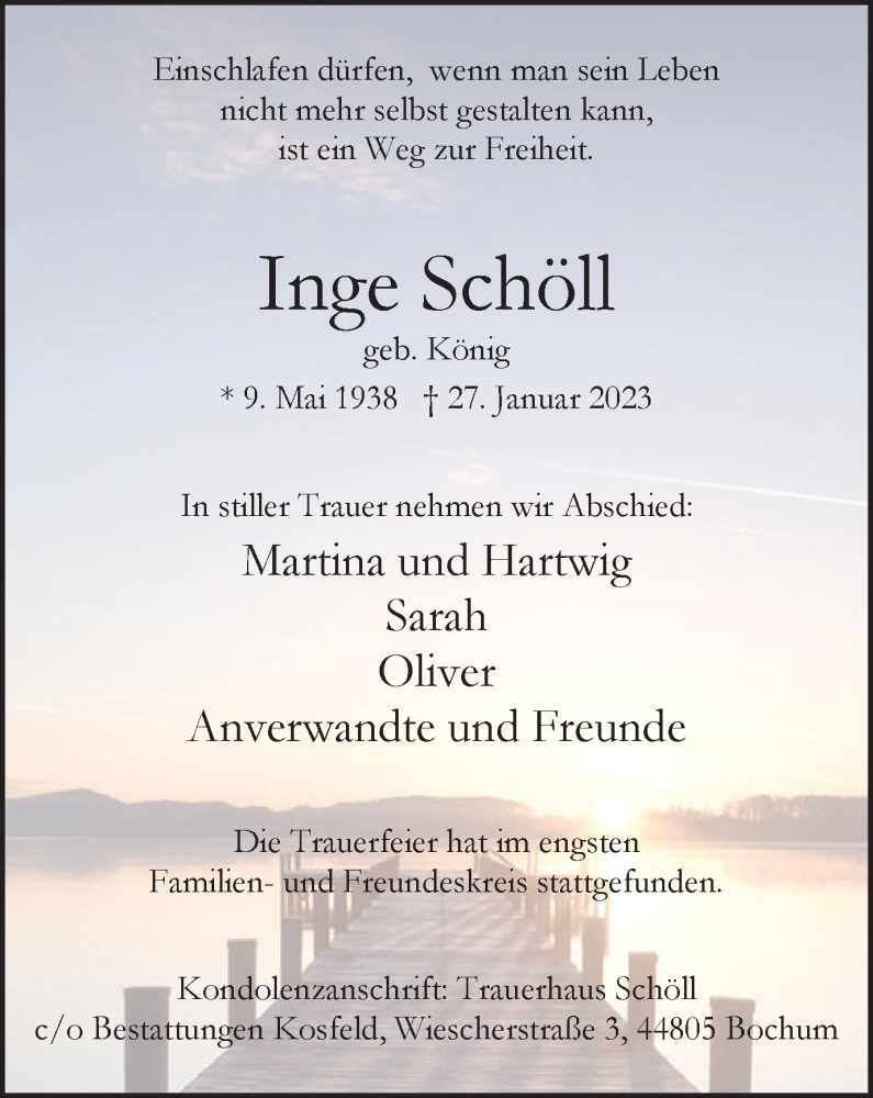  Traueranzeige für Inge Schöll vom 11.02.2023 aus Tageszeitung