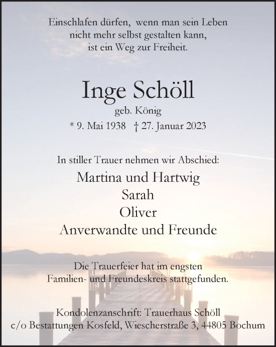 Traueranzeige von Inge Schöll von Tageszeitung