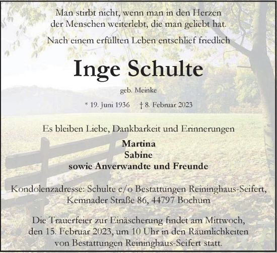 Traueranzeige von Inge Schulte von Tageszeitung