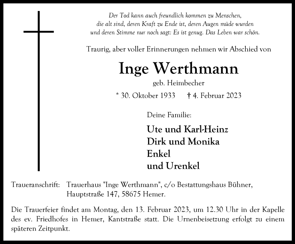  Traueranzeige für Inge Werthmann vom 09.02.2023 aus Tageszeitung