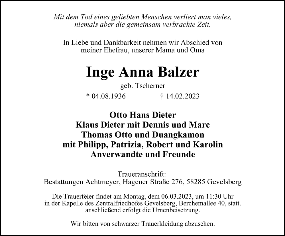  Traueranzeige für Inge Anna Balzer vom 25.02.2023 aus Tageszeitung