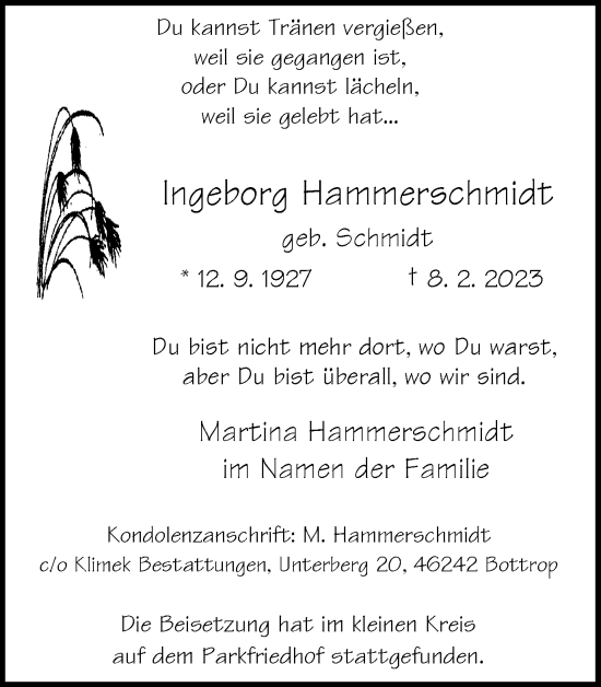 Traueranzeige von Ingeborg Hammerschmidt von WVW Anzeigenblätter