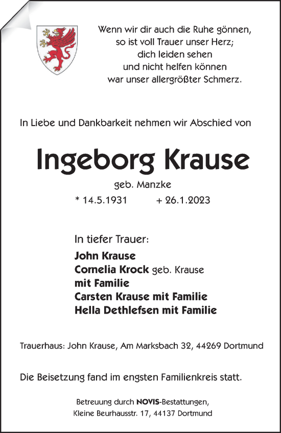 Traueranzeige von Ingeborg Krause von Tageszeitung