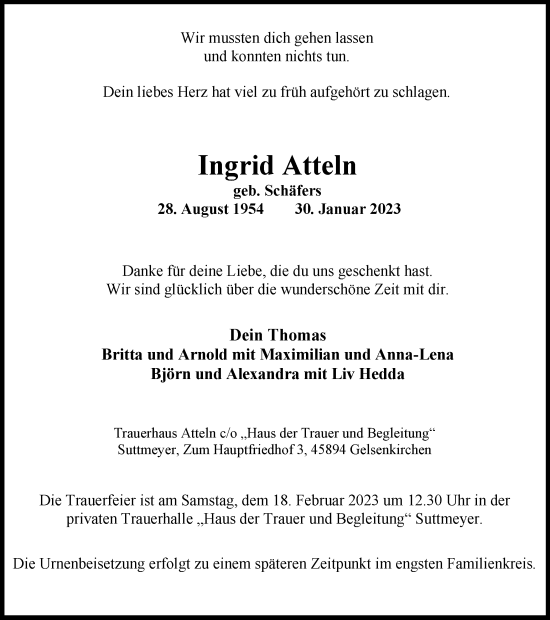 Traueranzeige von Ingrid Atteln von WVW Anzeigenblätter
