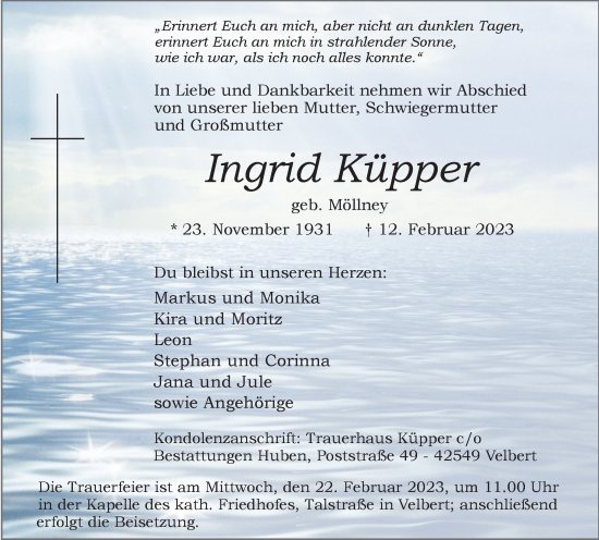 Traueranzeige von Ingrid Küpper von WVW Anzeigenblätter