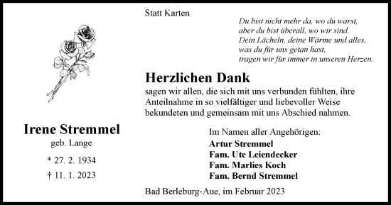 Traueranzeige von Irene Stremmel von Tageszeitung