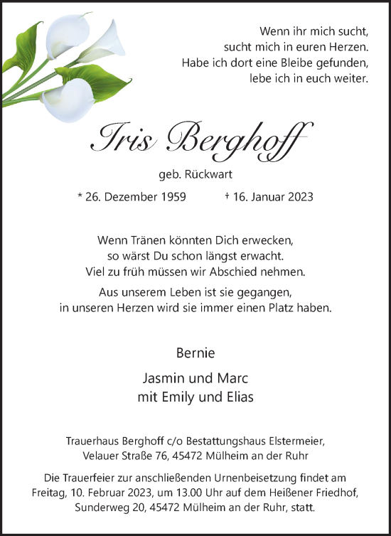 Traueranzeige von Iris Berghoff von WVW Anzeigenblätter