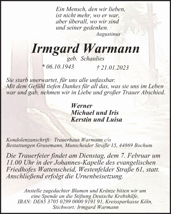 Traueranzeige von Irmgard Warmann von Tageszeitung