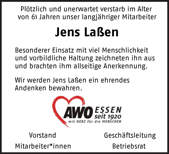 Traueranzeige von Jens Laßen von Tageszeitung