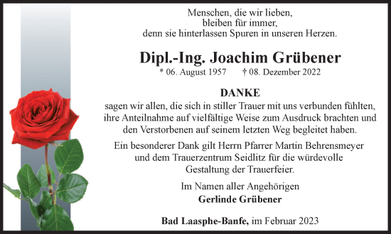 Traueranzeige von Joachim Grübener von Tageszeitung