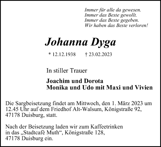 Traueranzeige von Johanna Dyga von Tageszeitung