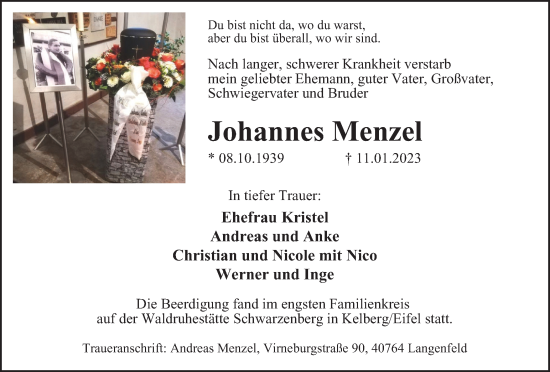 Traueranzeige von Johannes Menzel von WVW Anzeigenblätter