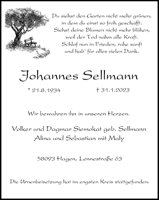 Traueranzeige von Johannes Sellmann von Tageszeitung