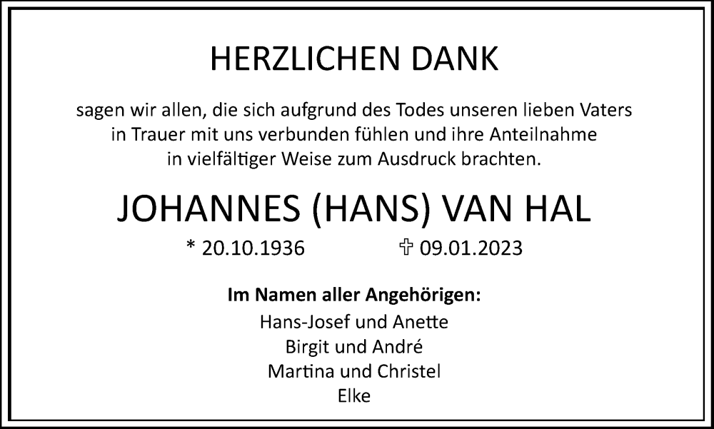  Traueranzeige für Johannes van Hal vom 18.02.2023 aus Tageszeitung