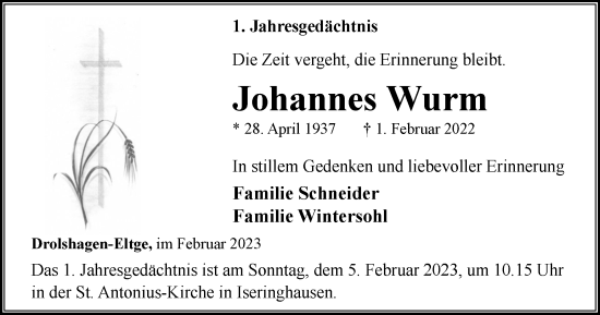 Traueranzeige von Johannes Wurm von Tageszeitung