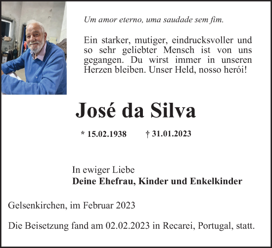 Traueranzeige von Jose da Silva von Tageszeitung