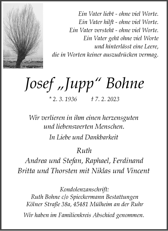 Traueranzeige von Josef Bohne von WVW Anzeigenblätter