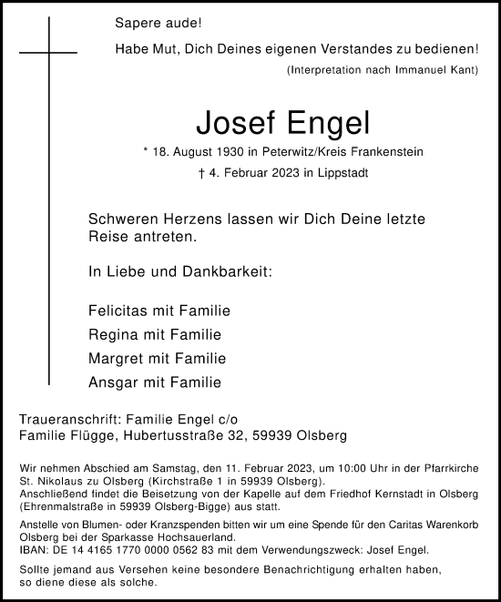 Traueranzeige von Josef Engel von Tageszeitung