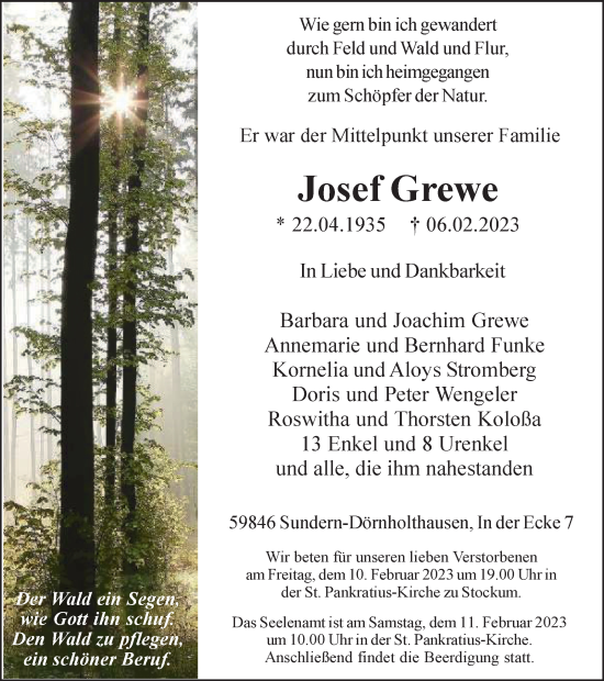 Traueranzeige von Josef Grewe von Tageszeitung