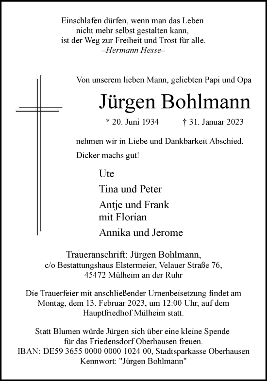 Traueranzeige von Jürgen Bohlmann von WVW Anzeigenblätter