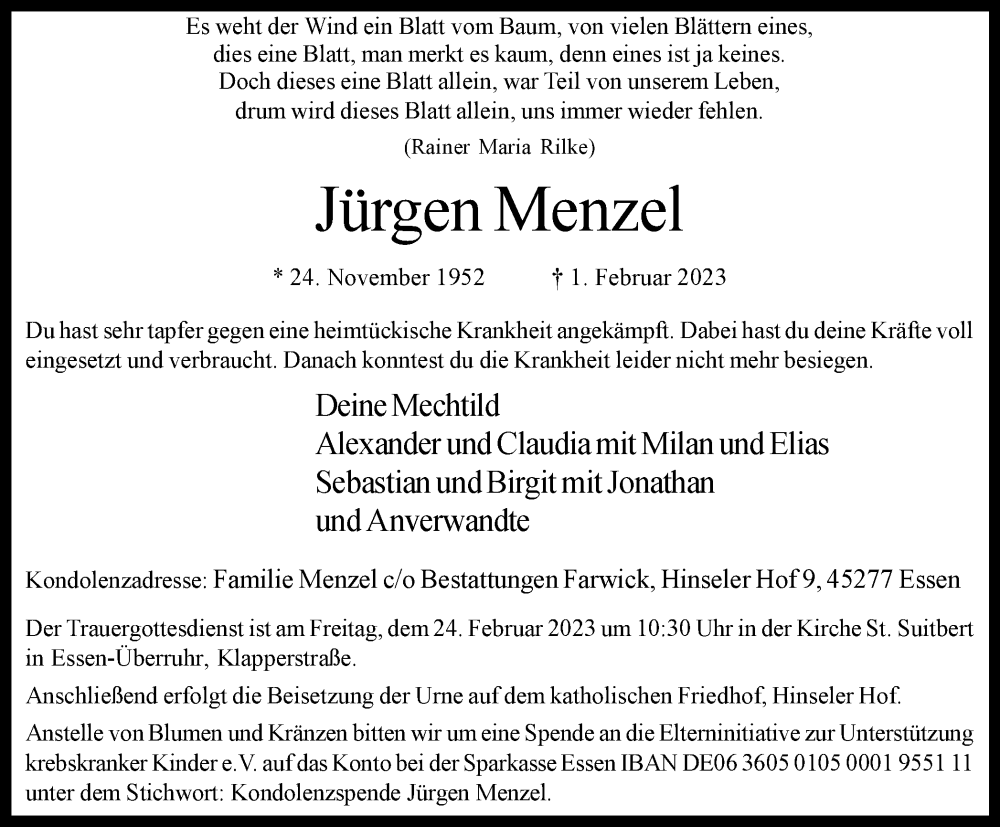  Traueranzeige für Jürgen Menzel vom 11.02.2023 aus Tageszeitung