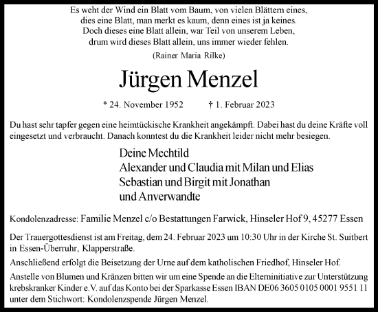 Traueranzeige von Jürgen Menzel von Tageszeitung