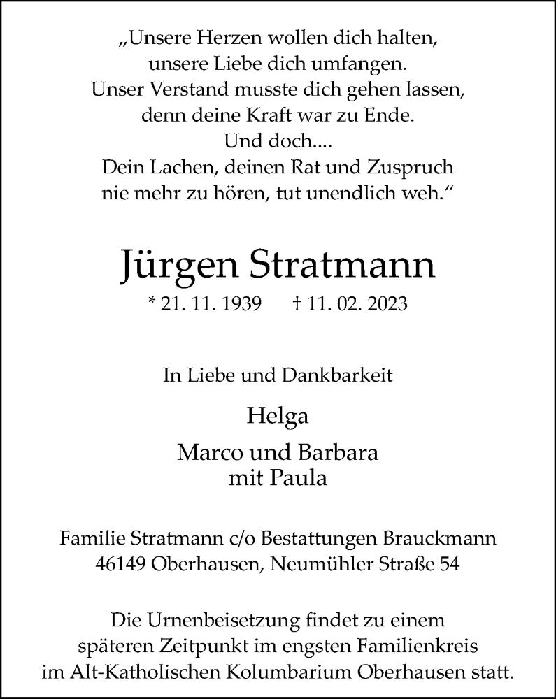  Traueranzeige für Jürgen Stratmann vom 25.02.2023 aus WVW Anzeigenblätter