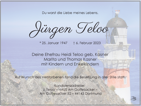 Traueranzeige von Jürgen Teloo von Tageszeitung
