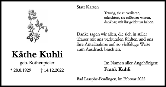 Traueranzeige von Käthe Kuhli von Tageszeitung