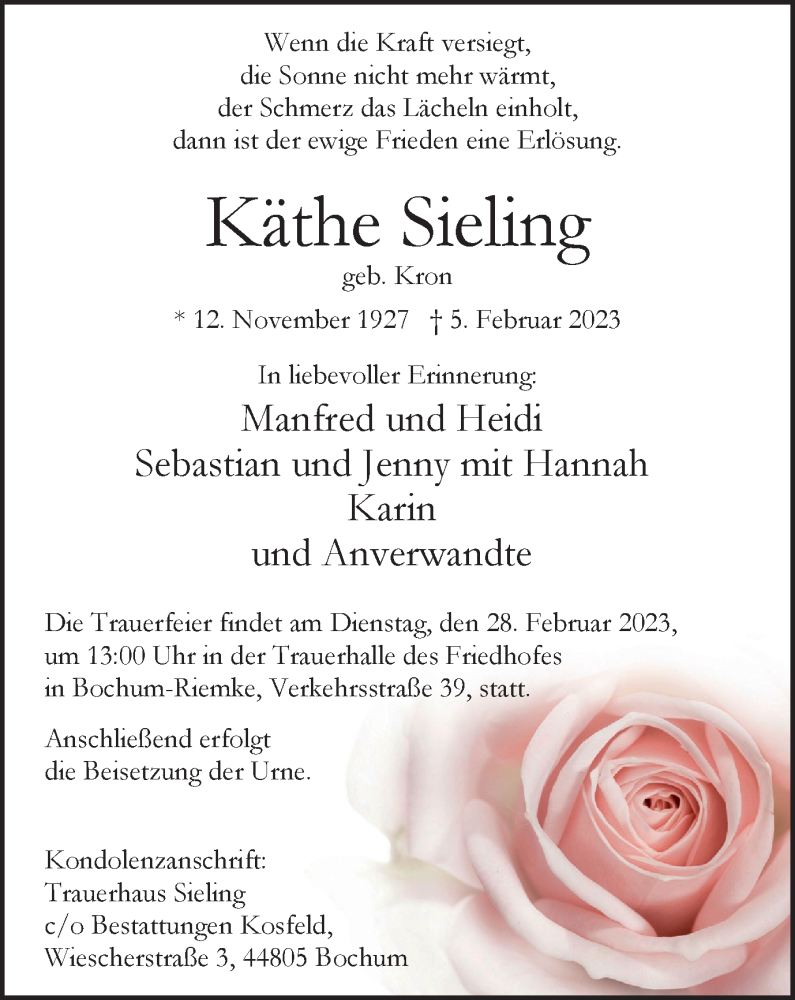  Traueranzeige für Käthe Sieling vom 18.02.2023 aus Tageszeitung